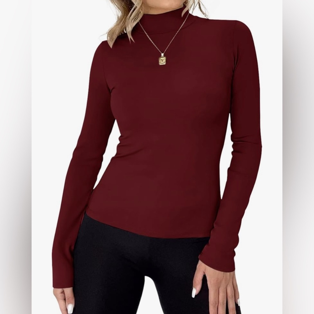 Women Long Sleeve Turtleneck Top Basic Stretch Lightweight Shirt.